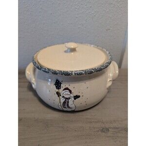 Home & Garden Party Snowman Stoneware Bean Pot w/ Lid 2001 Hand Made USA 8”